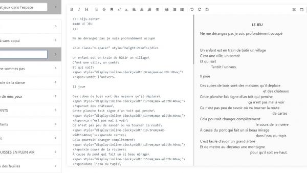 La plateforme de travail CLQ avec une colonne à gauche dans lequel il faut écrire le texte et une colonne à droite qui montre un aperçu du résultat sur la liseuse web